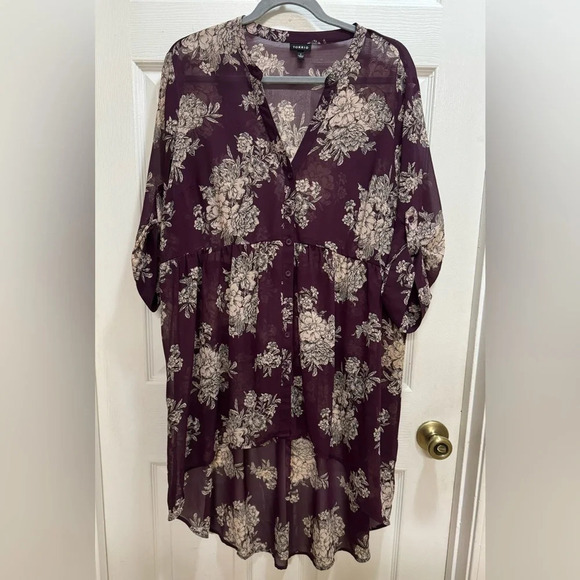Torrid Hi-Low Button Down Split Neck Tunic Top Floral Sheer Boho Hippie 1X - Picture 1 of 8